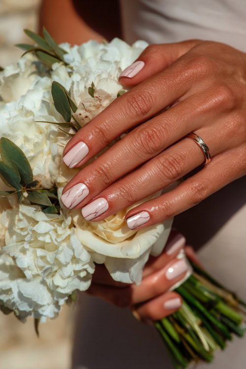 Bride’s fingers curled beside bouquet, medium square nails in creamy blush with marble effect and chrome French tips 