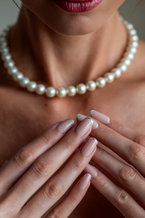 Bride’s fingers gently touching a pearl necklace, ballerina nails in soft blush with glossy finish and delicate silver linework on the tips 