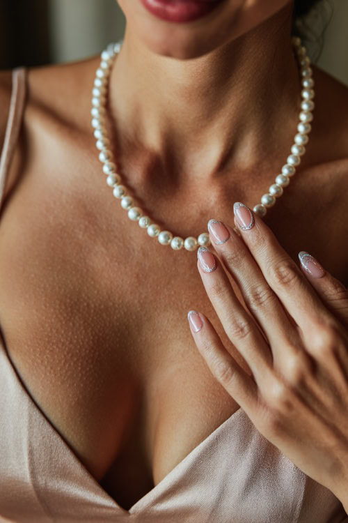 Bride’s fingers gently touching a pearl necklace, ballerina nails in soft blush with glossy finish and delicate silver linework on the tips