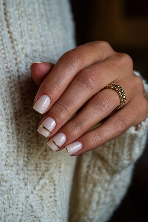 Bride’s hand adjusting bracelet, short square nails in creamy beige with glossy finish and delicate gold stripe on each nail 