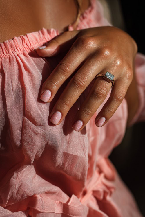 Bride’s hand gently brushing chiffon dress, short square nails in pastel pink with shimmer finish and a single crystal charm on the ring finger 