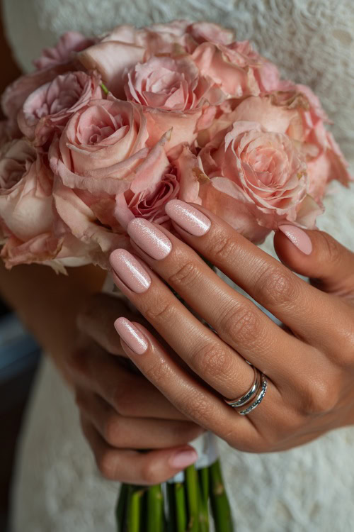 Bride’s hand gently holding a rose bouquet, medium almond nails in pastel pink with clear gloss and silver glitter gradient near the tips