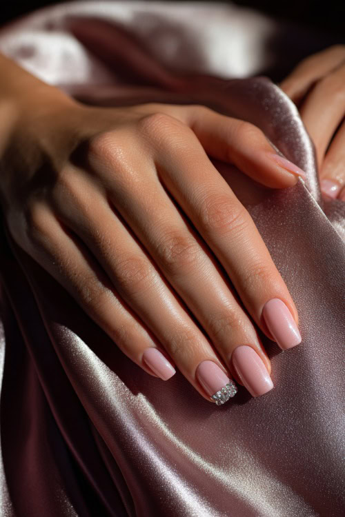 Bride’s hand gently resting on satin fabric, square nails in pale blush with soft shimmer overlay and crystal-studded cuticle accents 