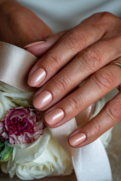 Bride’s hand holding a satin ribbon, almond-shaped nails in soft peach-pink with shimmer overlay and one floral accent on the ring finger
