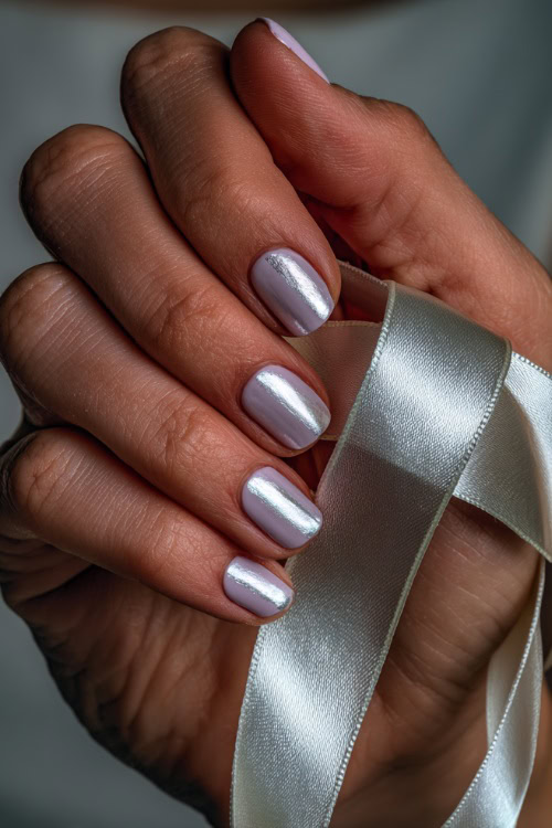 Bride’s hand holding satin ribbon, short rounded nails in pale lavender with silver foil accents on the middle and ring fingers