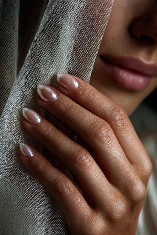 Bride’s hand lifting her veil, almond-shaped nails in milky white with chrome shimmer and tiny pearls placed at the cuticle of each finger 