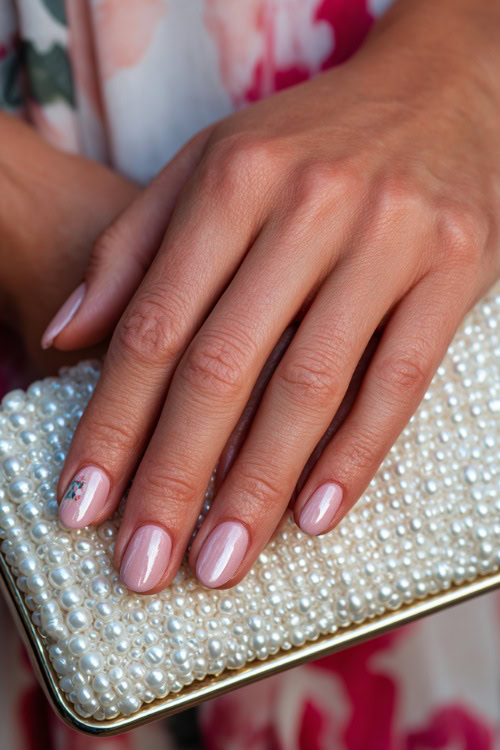 Bride’s hand resting beside a pearl clutch, medium-length almond nails in pastel pink with chrome shimmer tips and subtle floral decals on two fingers