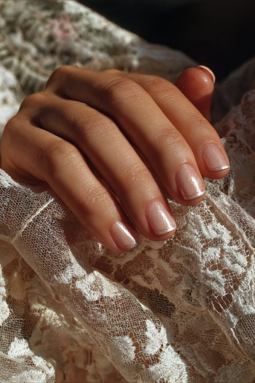 Bride’s hand resting beside lace fabric, short square nails in soft beige-pink with chrome shimmer tips and clear gloss 