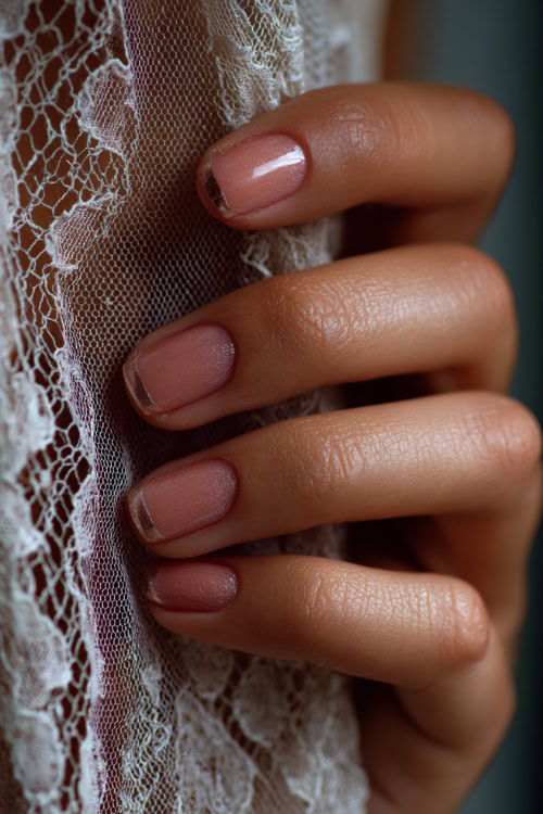 Bride’s hand resting beside lace fabric, short square nails in soft beige-pink with chrome shimmer tips and clear gloss
