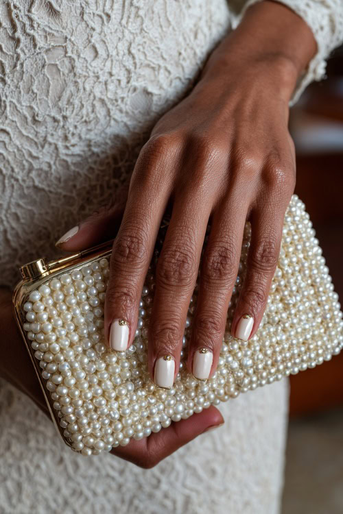 Bride’s hand resting on a pearl clutch, medium square nails in creamy ivory with chrome shimmer overlay and subtle gold bead accents