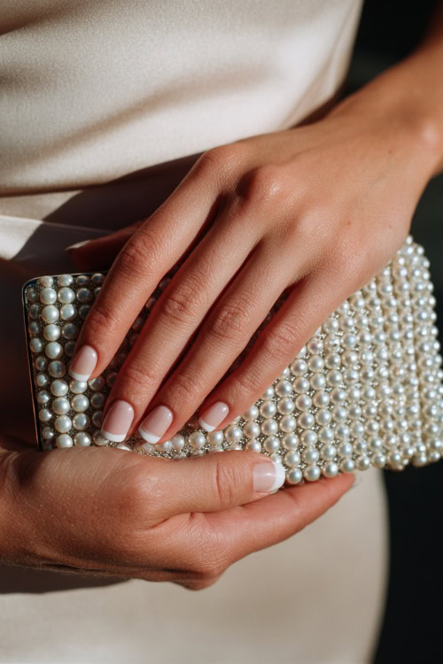 Bride’s hand resting on a pearl clutch, short square nails in sheer ivory with classic French tips and subtle shimmer 