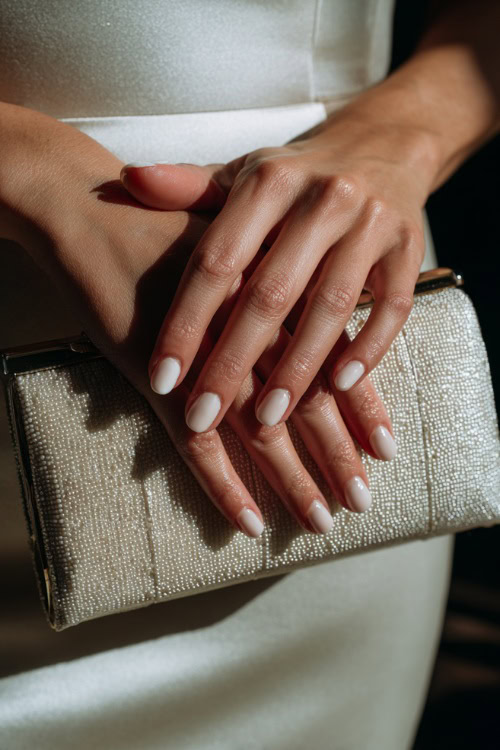 Bride’s hand resting on a pearl clutch, short square nails in sheer ivory with classic French tips and subtle shimmer 