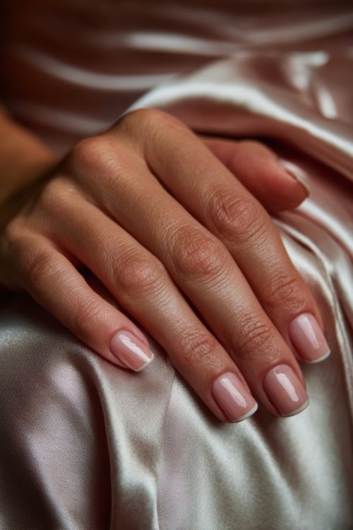 Bride’s hand resting on silk dress folds, square nails in soft rose-beige with glossy finish and subtle white French tips 