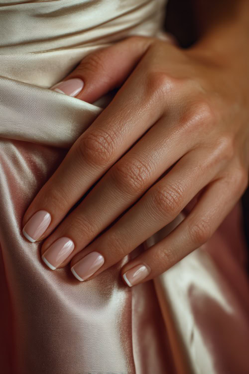 Bride’s hand resting on silk dress folds, square nails in soft rose-beige with glossy finish and subtle white French tips