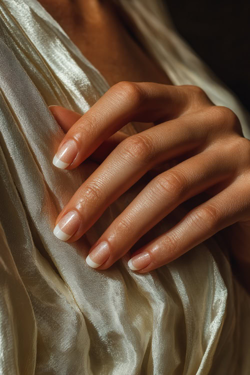 Bride’s hand resting on silk gown, short almond nails in creamy ivory with classic French tips and shimmer overlay