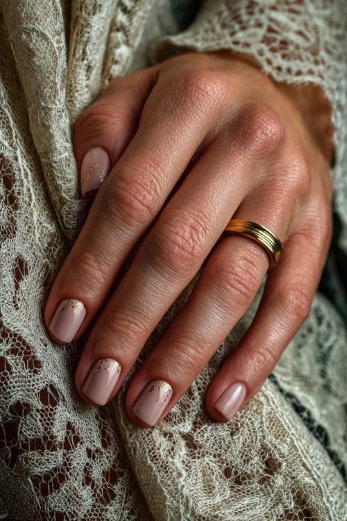Bride’s hand resting on vintage lace fabric, square nails in soft rose-beige with satin finish and tiny gold foil flakes on the ring fingers 