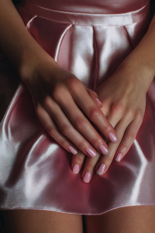 Bridesmaid’s fingers resting on satin skirt, ballerina-shaped nails in pastel pink with transparent tips and tiny silver crystals at the base