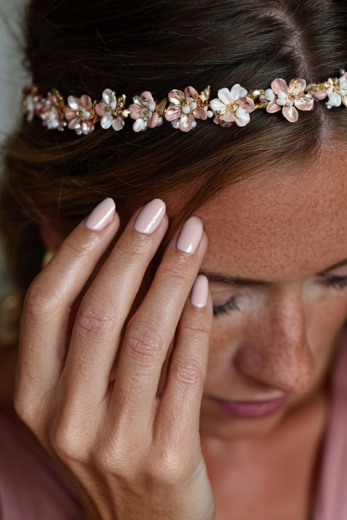 Bridesmaid’s hand adjusting floral headpiece, short ballerina nails in creamy blush with chrome shimmer overlay and tiny gold flakes along the base 
