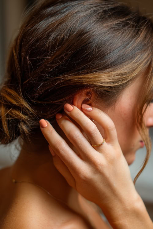 Bridesmaid’s hand brushing hair behind ear, short rounded nails in soft peach with subtle shimmer and gold accents on the ring finger 