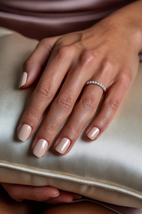 Bridesmaid’s hand gently resting on a satin pillow, ballerina nails in pale beige with chrome French tips and a delicate pearl accent on each ring finger