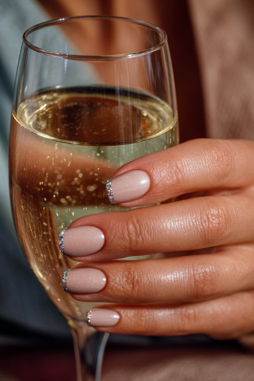 Bridesmaid’s hand holding a champagne glass, short ballerina nails in pastel beige with shimmer overlay and small crystal accents near the tips