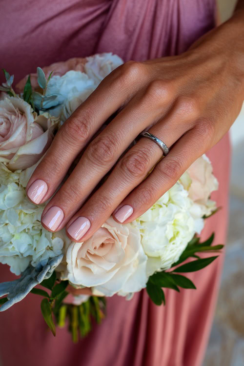 Bridesmaid’s hand resting beside floral centerpiece, square nails in soft blush with glossy finish and one accent nail featuring silver linework along the center