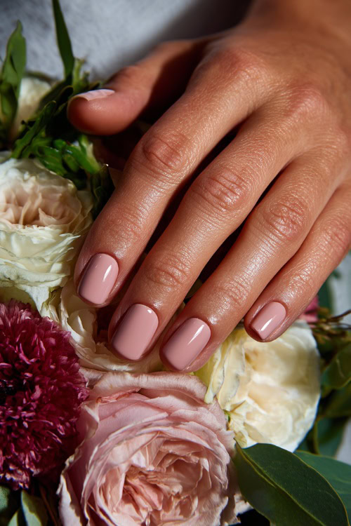 Bridesmaid’s hand resting beside floral centerpiece, square nails in soft blush with glossy finish and one accent nail featuring silver linework along the center