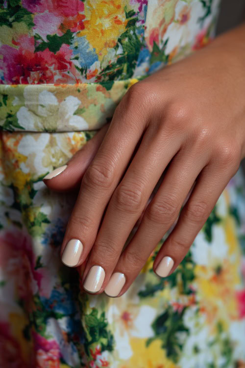 Bridesmaid’s hand resting on a pastel floral dress, short square nails in creamy ivory with chrome French tips and subtle shimmer overlay