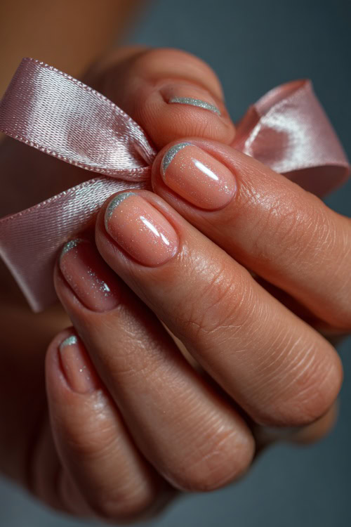 Bridesmaid’s hand tying a bow on a wedding favor, almond nails in pastel peach with a satin topcoat and delicate silver glitter accents