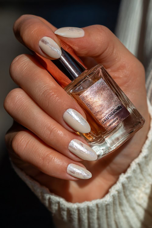 Close-up of bride’s hand holding a rose gold perfume bottle, almond nails in creamy ivory with shimmer fade toward the tips and subtle silver foil on two accent nails 