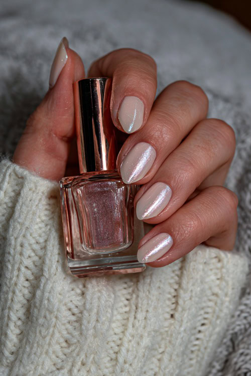 Close-up of bride’s hand holding a rose gold perfume bottle, almond nails in creamy ivory with shimmer fade toward the tips and subtle silver foil on two accent nails