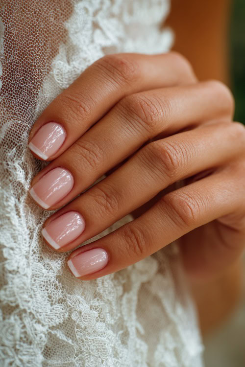Close-up of bride’s hand resting on lace veil, almond-shaped nails in soft blush pink with classic French tips and glossy finish 