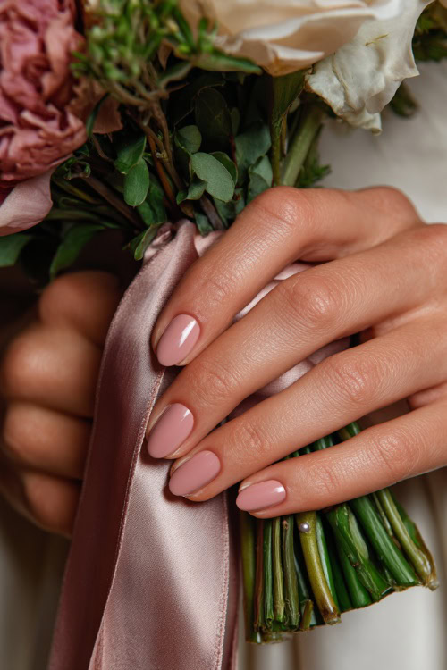 Close-up of bridesmaid’s hand holding a silk bouquet ribbon, almond-shaped nails in soft blush pink with glossy finish and delicate pearl accents along the cuticle