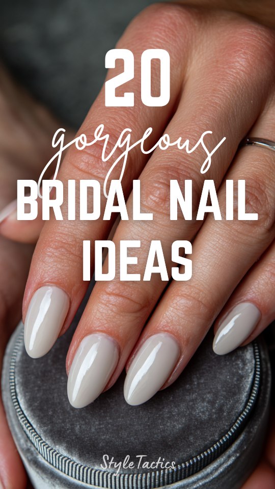 Close-up of cream almond-shaped bridal nails