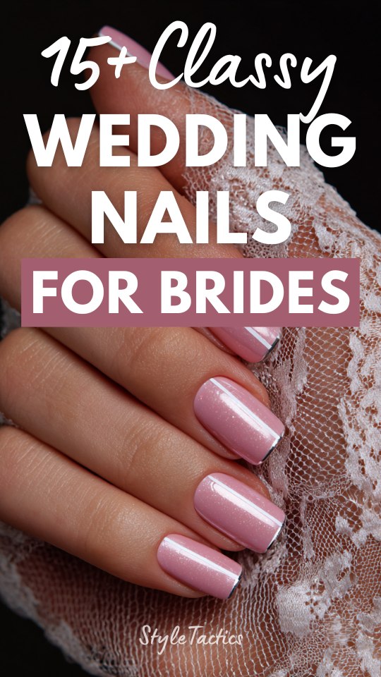Close-up of elegant bridal nails in a glossy pastel pink shade with subtle shimmer