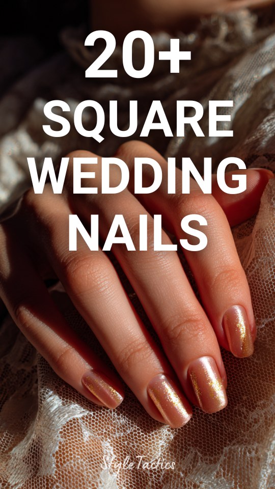 Close-up of elegant square wedding nails with nude polish and subtle gold glitter