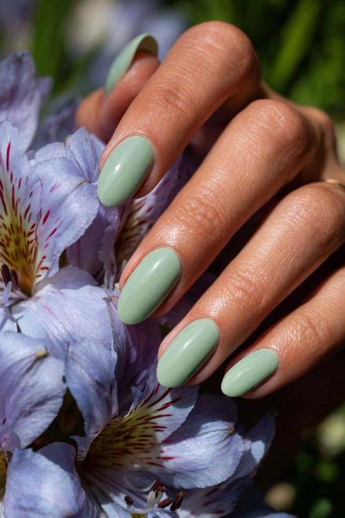 Close-up of guest’s hand beside wedding centerpiece, short rounded nails in pastel green with glossy topcoat and tiny gold flake details on two fingers 