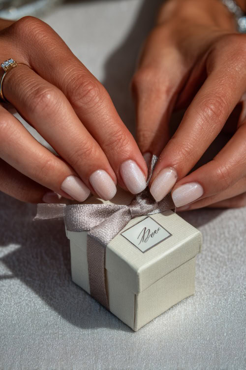 Close-up of guest’s hand tying ribbon on a favor box, ballerina nails in pale ivory with chrome shimmer and tiny silver star details 