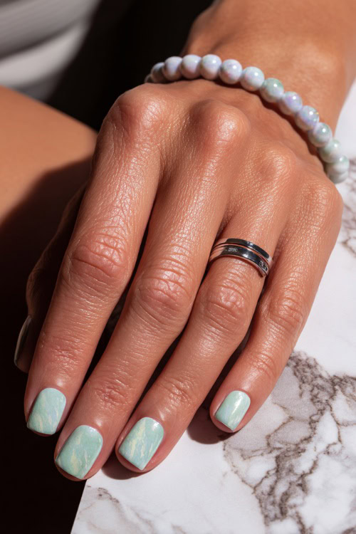 Close-up of hand adjusting bracelet, short square nails in pastel mint with marble effect and soft shimmer overlay 