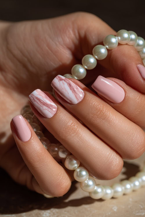 Close-up of hand brushing pearl necklace, short square nails in pale pink with satin finish and one accent nail in marble swirl design
