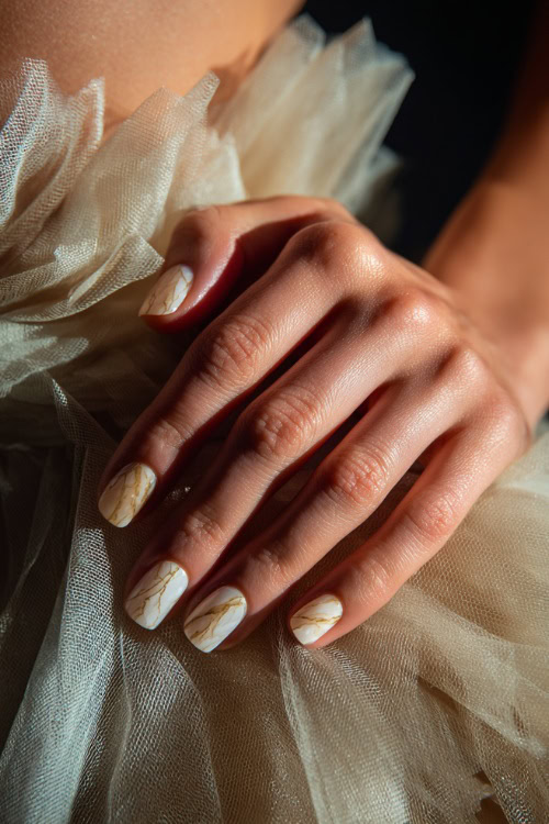 Close-up of hand brushing tulle gown, square nails in creamy beige with marble effect on one accent nail and glossy finish