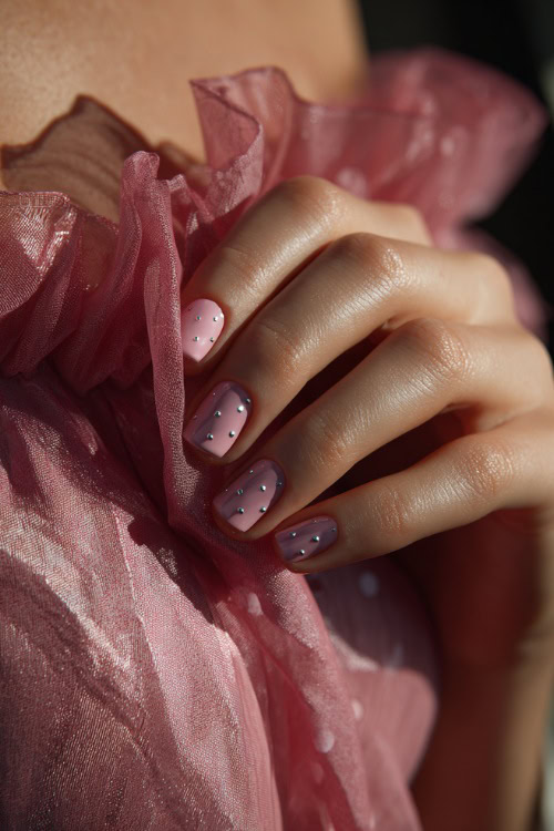 Close-up of hand gently brushing chiffon gown, short square nails in soft pink with glossy finish and minimalist silver dot accents along the base 