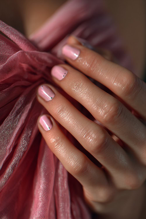 Close-up of hand gently brushing chiffon gown, short square nails in soft pink with glossy finish and minimalist silver dot accents along the base 