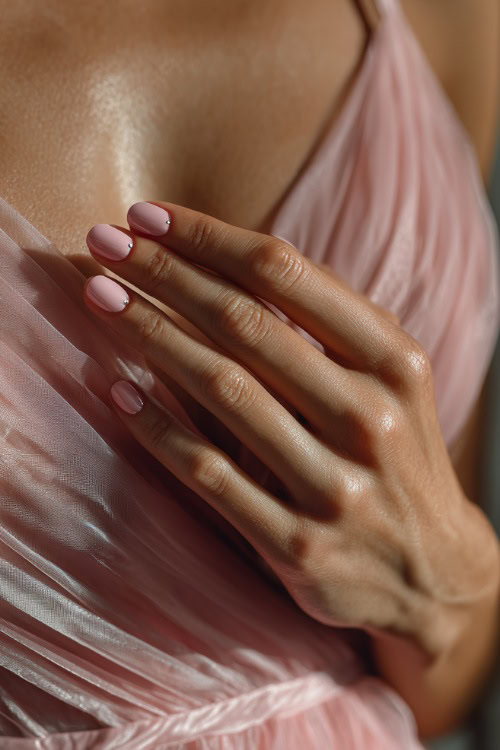 Close-up of hand gently brushing chiffon gown, short square nails in soft pink with glossy finish and minimalist silver dot accents along the base