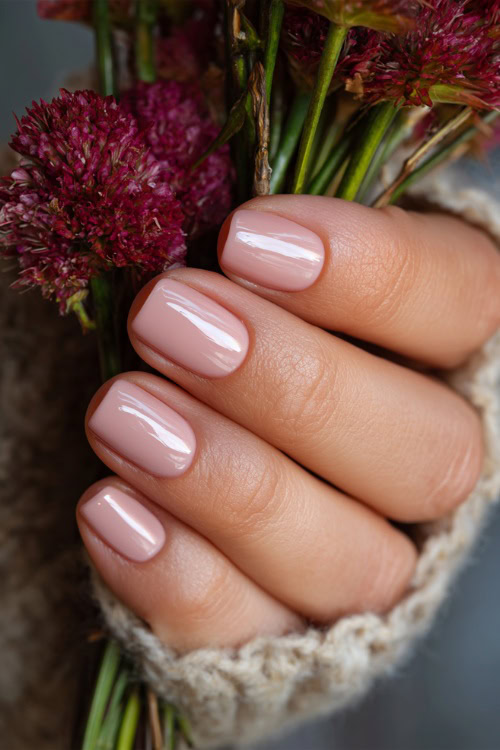 Close-up of hand holding a bouquet, short ballerina nails in pale pink with glossy finish and tiny pearl accents near the cuticle 