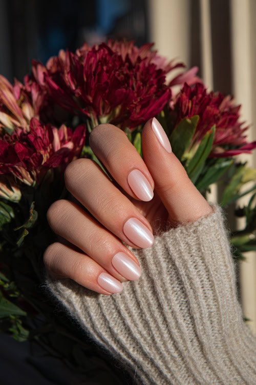 Close-up of hand holding a bouquet, short ballerina nails in pale pink with glossy finish and tiny pearl accents near the cuticle 