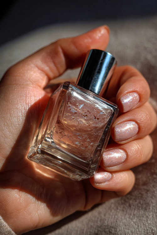 Close-up of hand holding a glass perfume bottle, short square nails in soft beige-pink with silver foil flakes and clear gloss overlay 