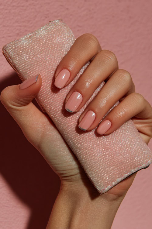 Close-up of hand holding a pearl clutch, short square nails in soft blush pink with glossy finish and subtle silver glitter on two fingers