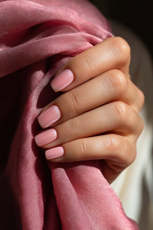 Close-up of hand holding a silk scarf, short ballerina nails in pastel rose with chrome shimmer tips and delicate crystal details 