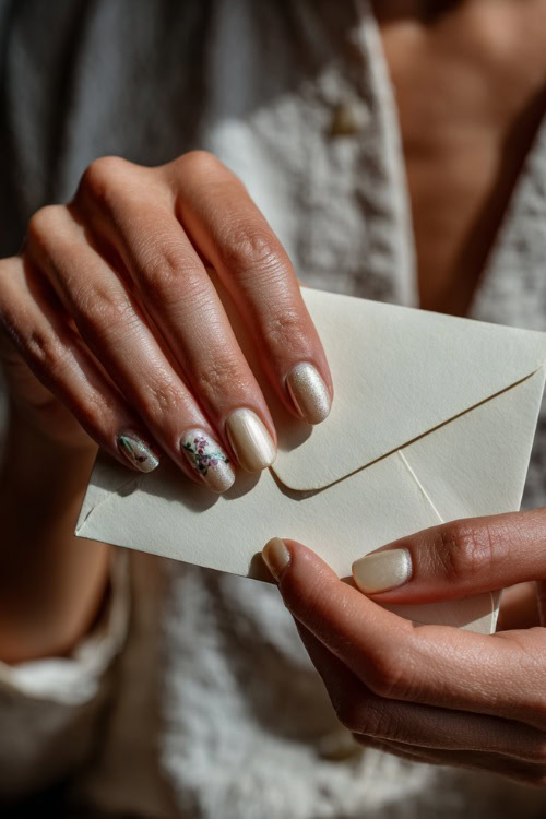 Close-up of hand placing handwritten vows in an envelope, oval nails in creamy ivory with shimmer topcoat and dainty floral decal on the thumb 